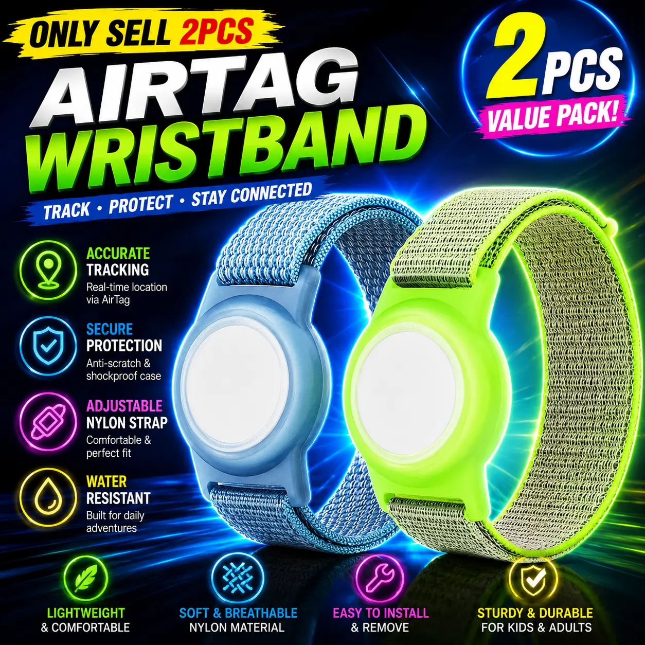 2pcs AirTag Bracelet Wristband - AirTag GPS Tracker Secure Protection Protective Case, with Adjustable Nylon Strap, Lightweight Water Resistant Soft Case, Available in Multiple Colors, AirTag Holder Suitable for Boys and Girls, Daily Adventures