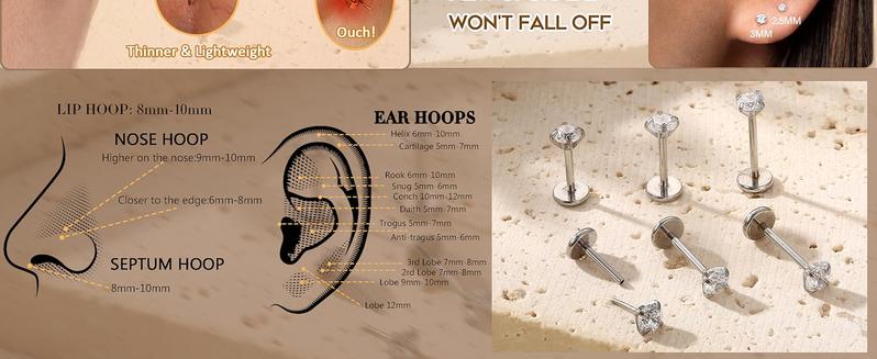 14K Gold Nose Studs For Women 316L Surgical Steel Threadless Nose Ring Lip Studs Push In Flat Back Stud Earrings Cz Nose Nostril Tragus Helix Body Piercing Jewelry Silver Gold 20G 18G