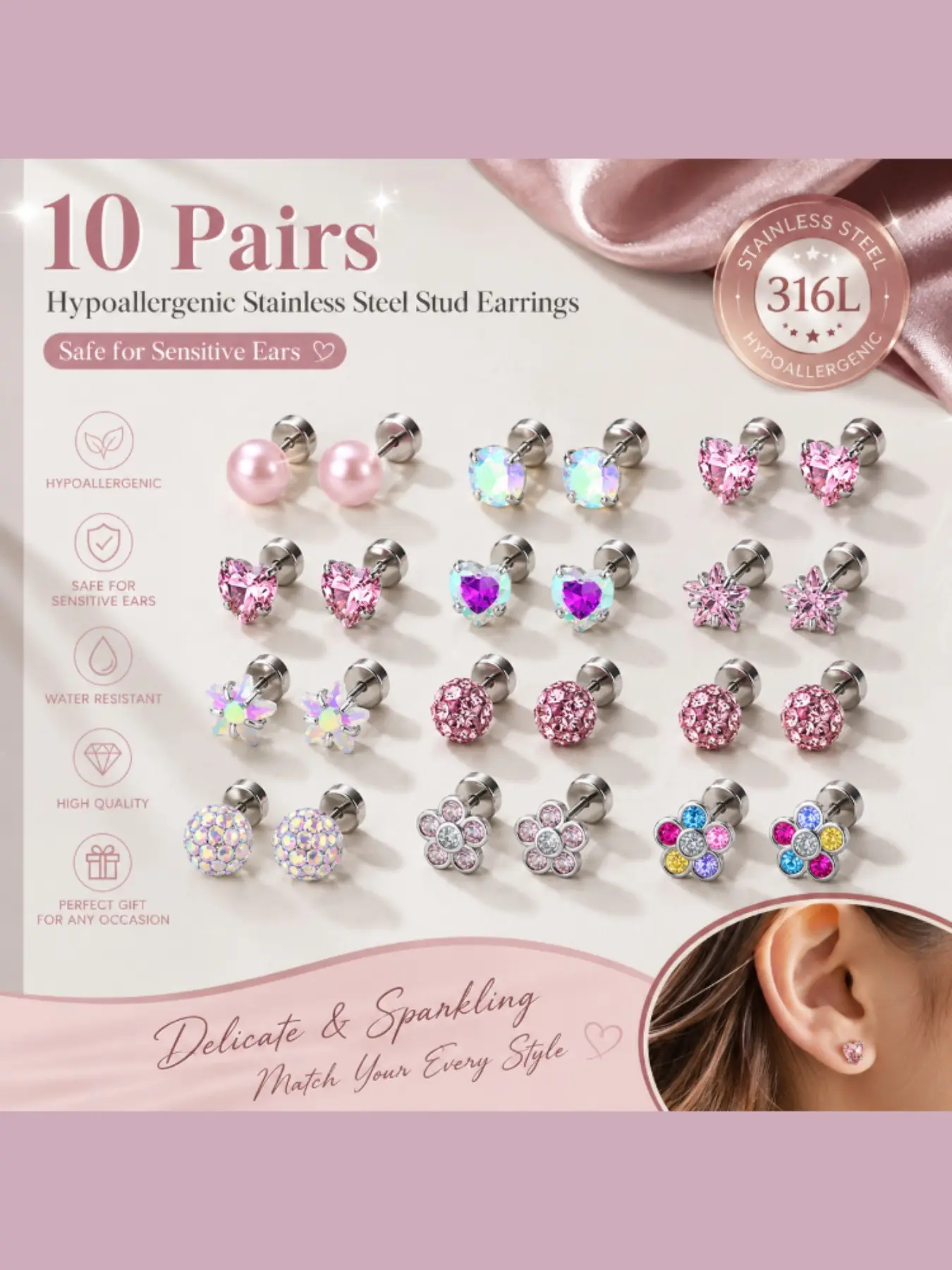 10 Pairs 316L Hypoallergenic Stainless Steel Earrings Set, Heart Flower Pearl Zircon Studs, Waterproof, Perfect for Women and Girls