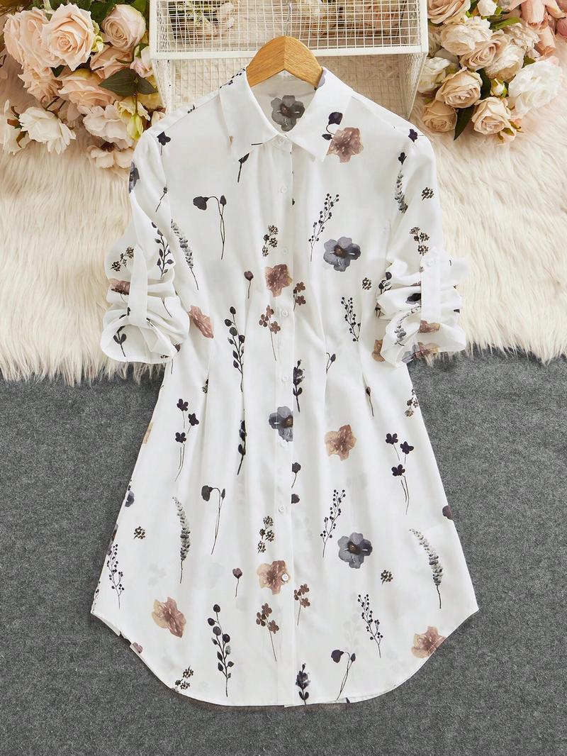 Women's Floral Print Button Front Shirt Dress, Casual Roll Up Sleeve Collared Short Dress for All Seasons, Women's Clothes for Daily Wear