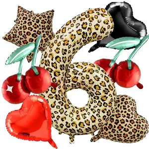 7pcs Extra Large 40-Inch Leopard Print Number Balloons 0-9, Cherry Aluminum Film, Heart, Wild Party Birthday Decorations