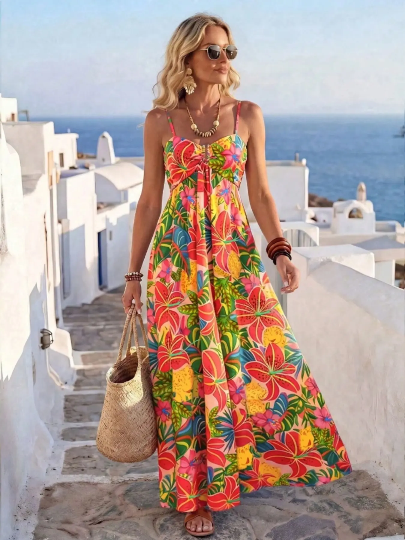 Women's Floral Summer Boho Vacation Dress, Strapless Tropical Print Bohemian Flower Dress, High Waist Backless Long Dress, Chic