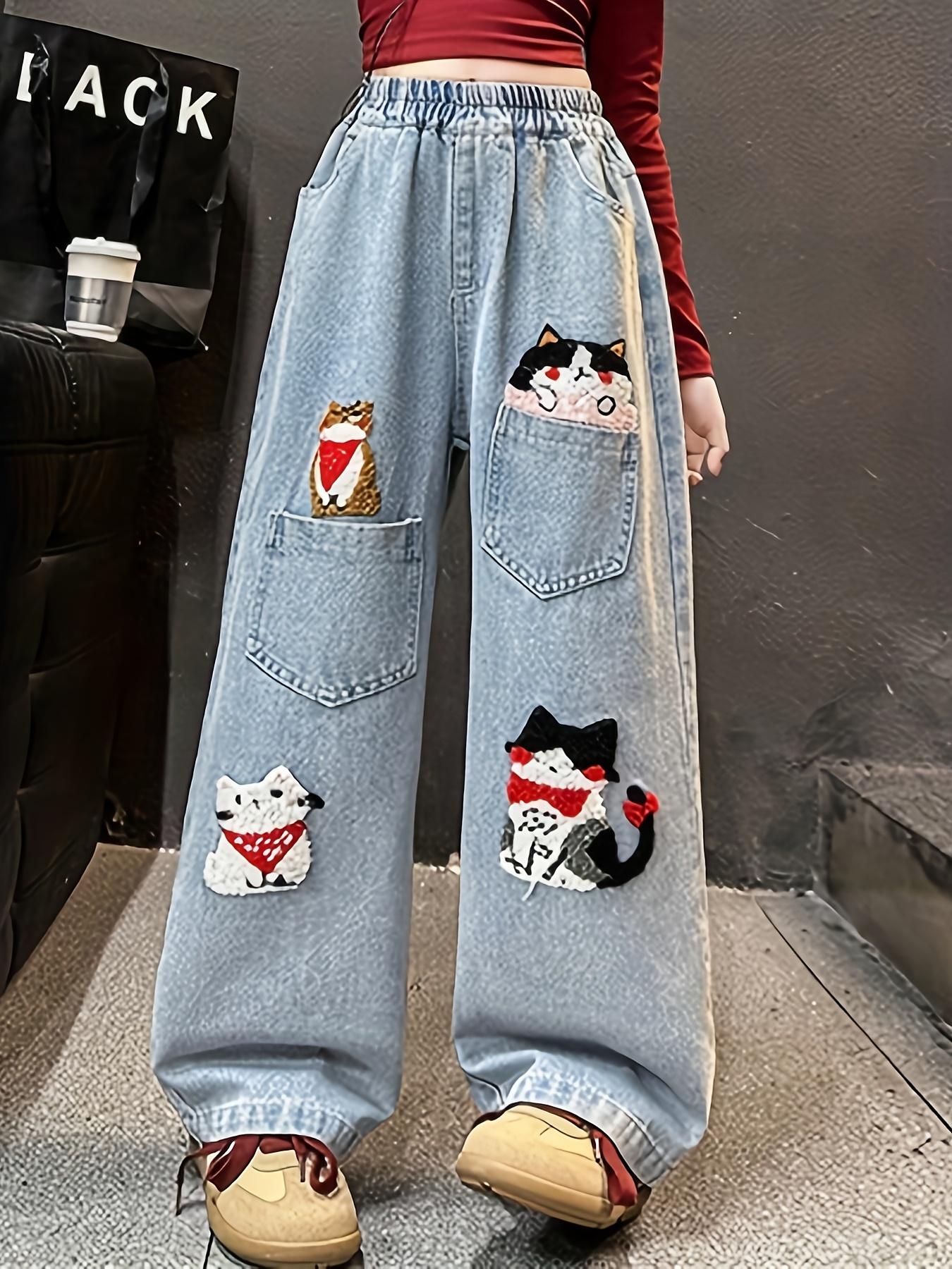 (New)Elastic Waist Straight-Leg Loose Fit - Girls' Cartoon Animal Embroidered Jeans - Casual Pants with Cute Cat & Dog Designs - Light Blue Denim for Spring Summer Fall - Outdoor Play, Dance, and School - Cute Jeans - Playful Design - Comfortable Fit