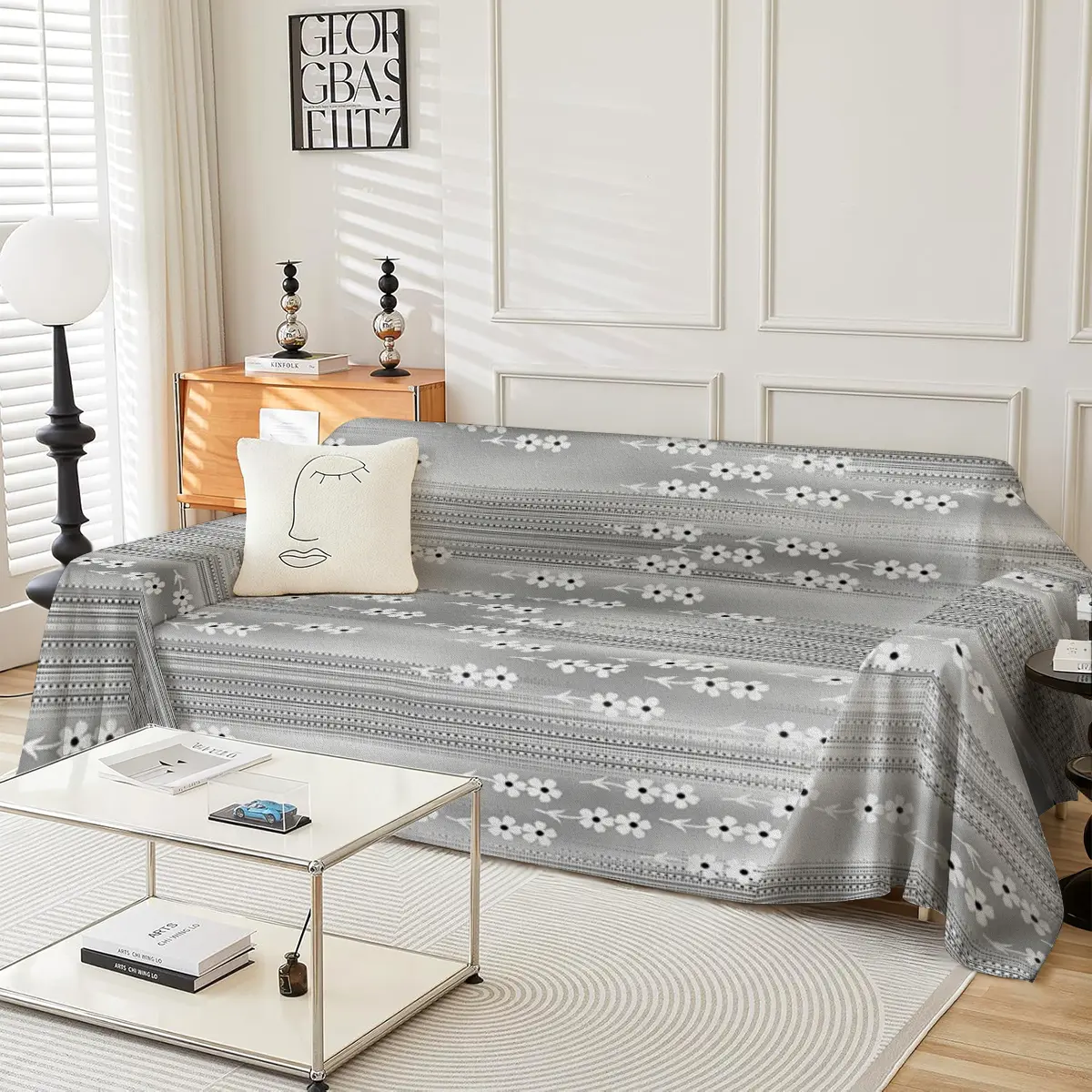 Silver bottom white flower horizontal bar sofa cover multifunctional sofa cover suitable for decorating sofas in bedrooms, single to four seaters, and all seasons