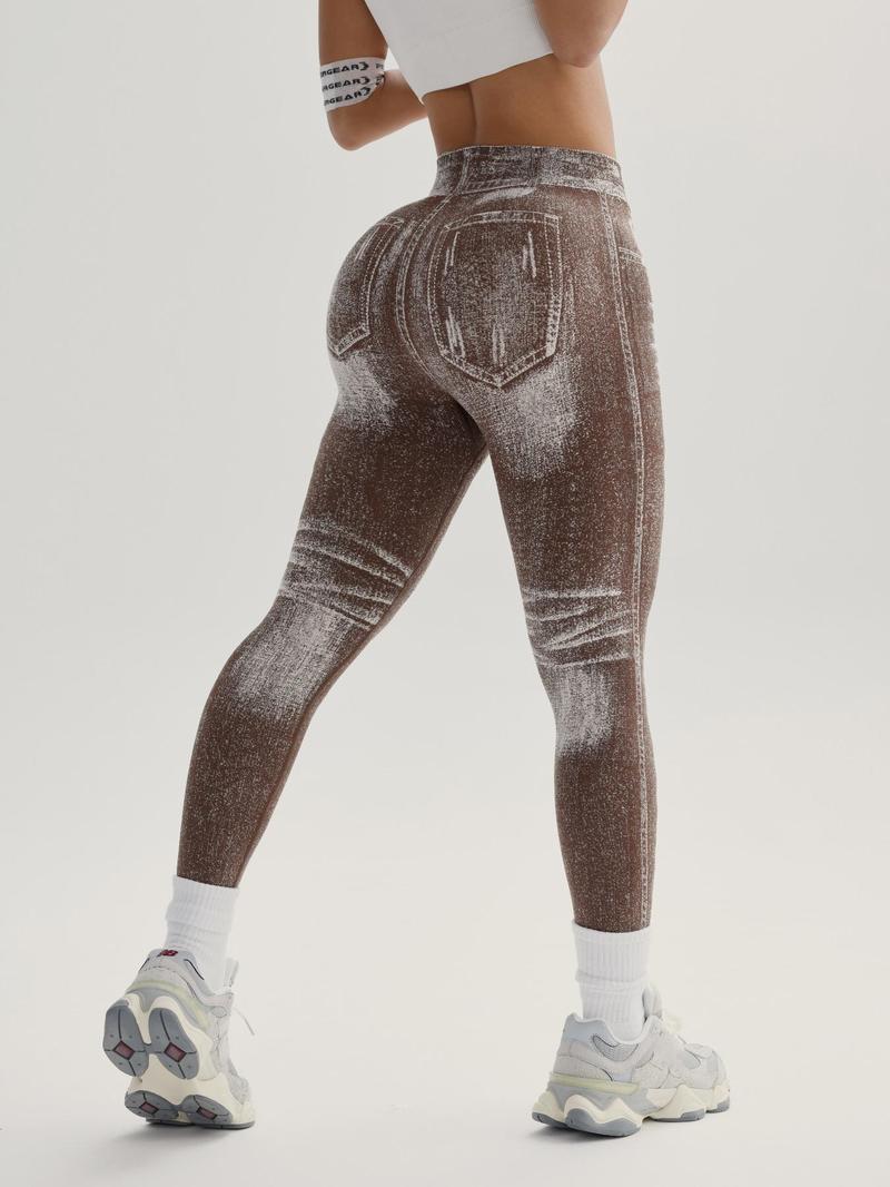 Women's Denim-Effect Print High Waist Sports Stretchy Leggings, Casual Comfy Cut Out Skinny Pants for Yoga Gym Workout Running, Ladies Sportswear Bottoms for All Seasons