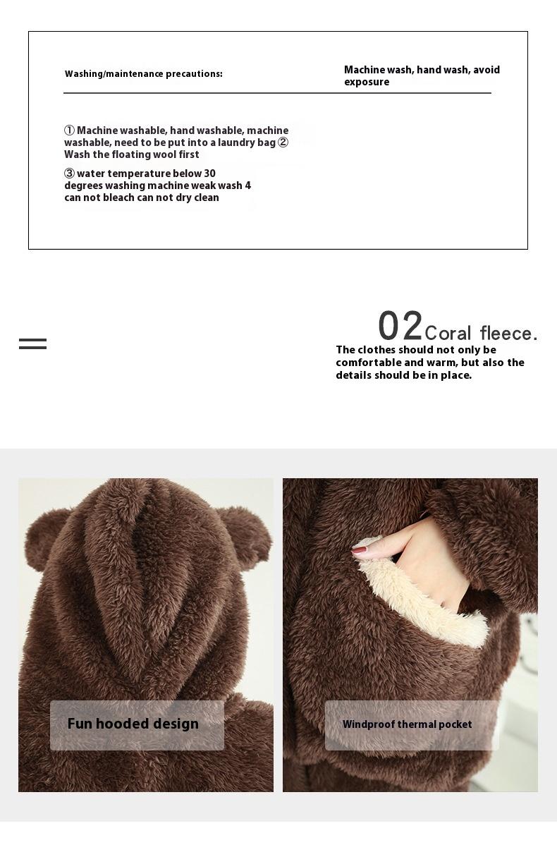 Thickened Warm Autumn Winter Women Cartoon Plush Hooded Bear Sleepwear Ladies Flannel Homewear Set Solid Nightwear Loungewear