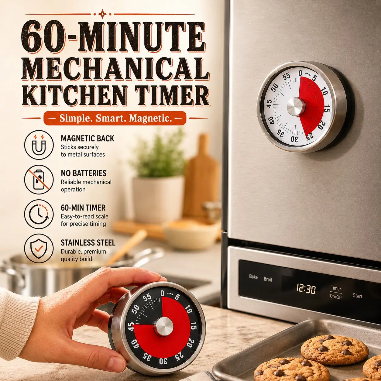 Magnetic Visible Timer 60 Minutes, 2.36 Inch Kitchen Countdown Timer, Stainless Steel Mechanical Tool, Ideal for Classroom Teaching