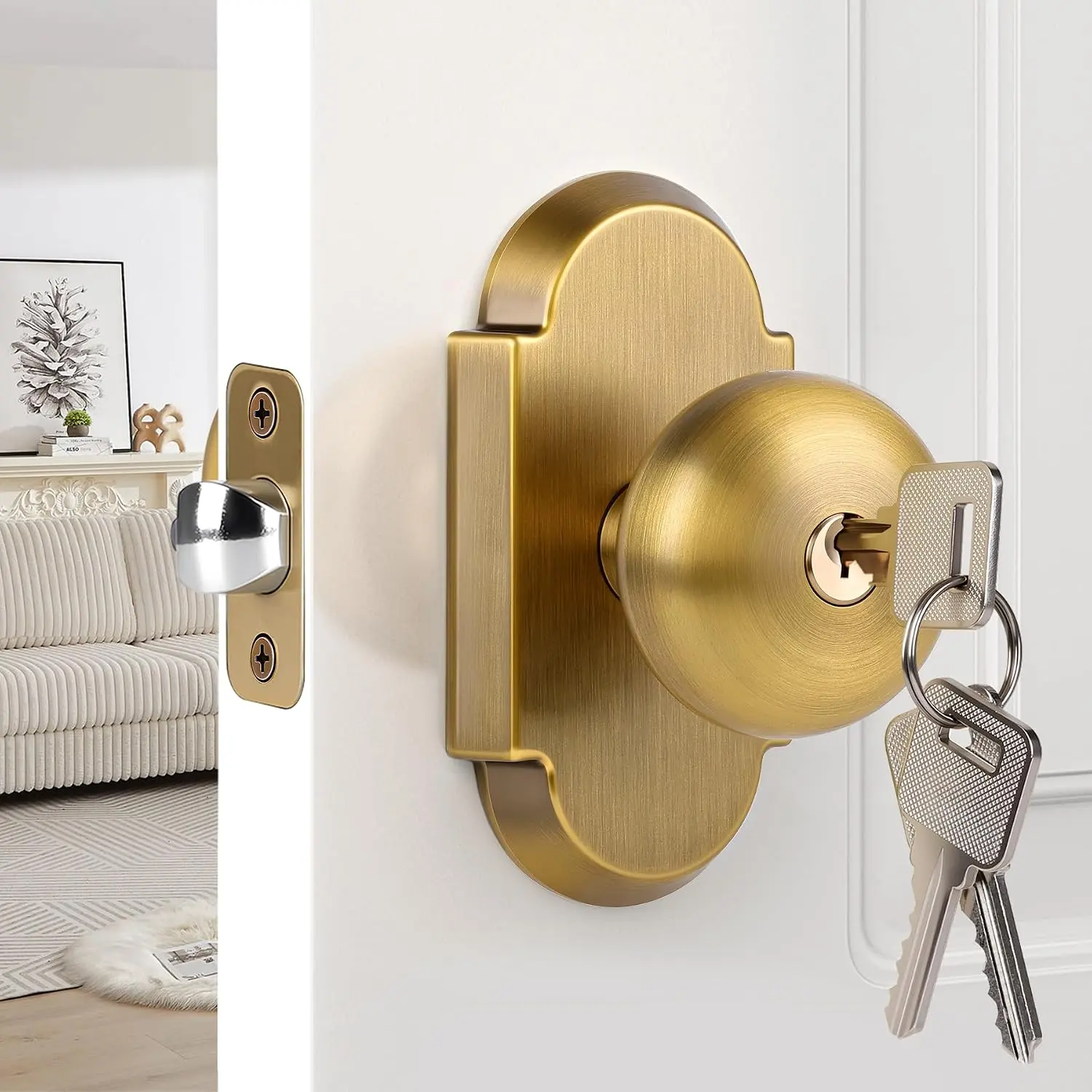 Keyed Alike Entry Door Knobs with Lock and Key, Antique Brass Door Knob | Interior Entrance Door Lockset for for Front Door and Bedroom