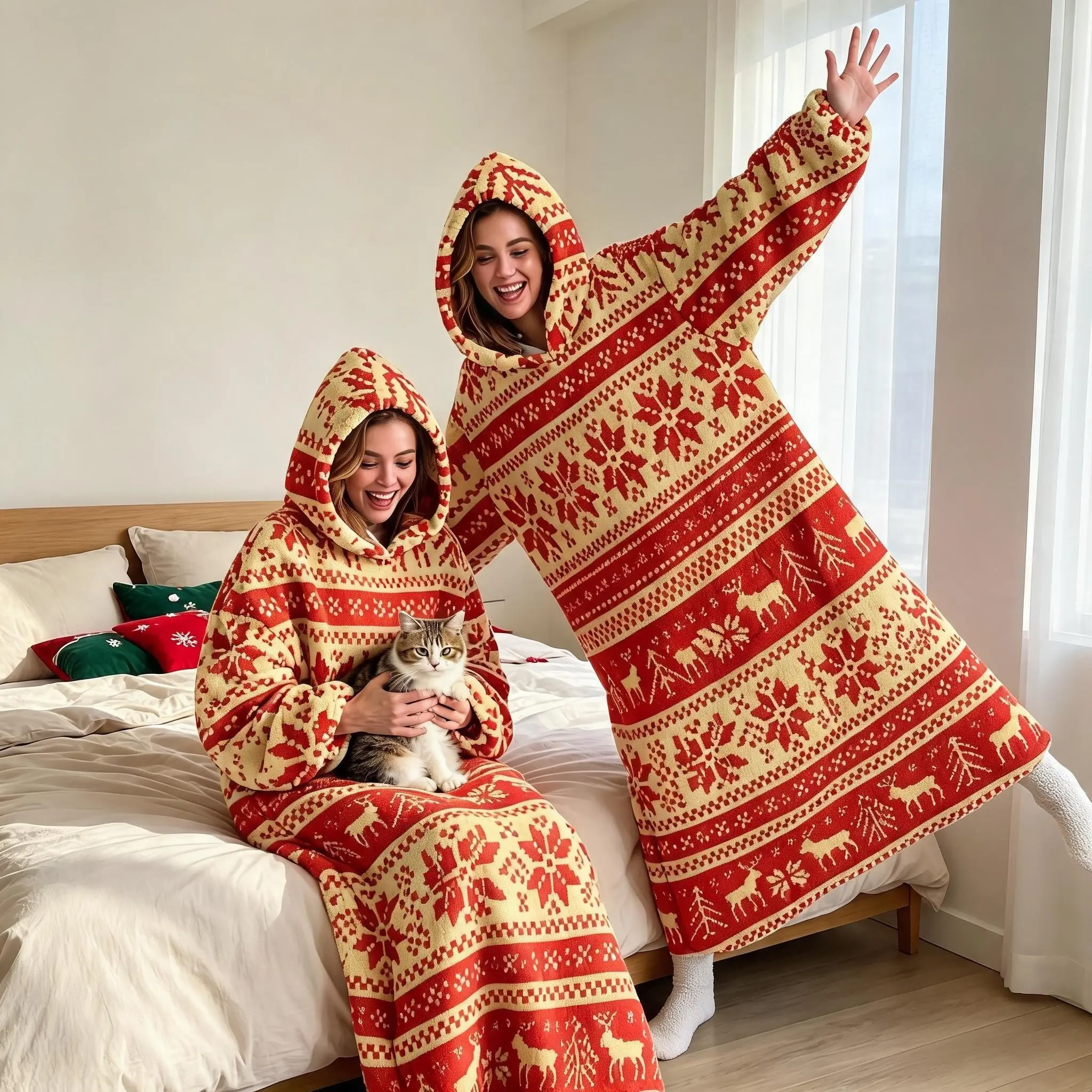 1pc Flannel Hooded Wearable Blanket, Deer Snowflake Print, Cozy Lap Blanket for Home Office Naps, Christmas New Year Gift