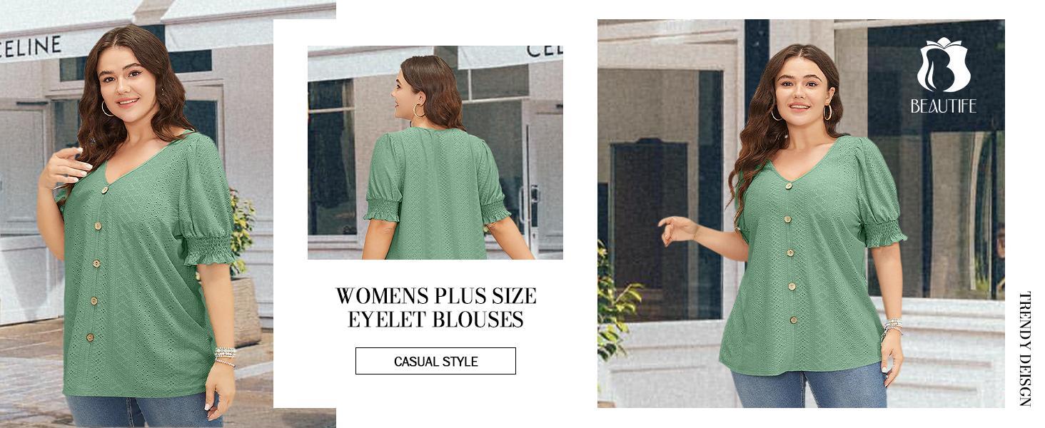 【XL-5XL】Plus Size Curve Imily Bela Curve Womens Plus Size Tunic Tops V Neck Short Puff Sleeve Tops Casual Summer Eyelet Blouses