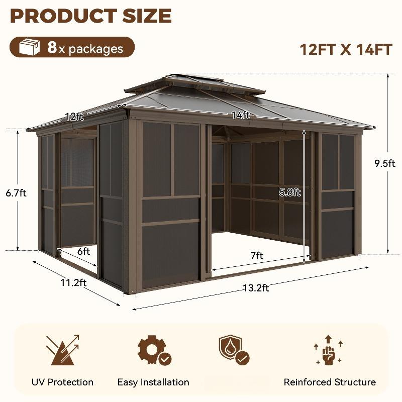 12x14FT Sunroom Gazebo with Double Roof, All-Weather Solarium Kit with Adjustable Windows & Screen, Lockable Sliding Doors, UV-Protected PC Panels for Patio & Backyard, Brown 12x14FT Sunroom Gazebo with Double Roof, All-Weather Solarium Kit with Adjustable Windows & Screen, Lockable Sliding Doors, UV-Protected PC Panels for Patio & Backyard, Brown
