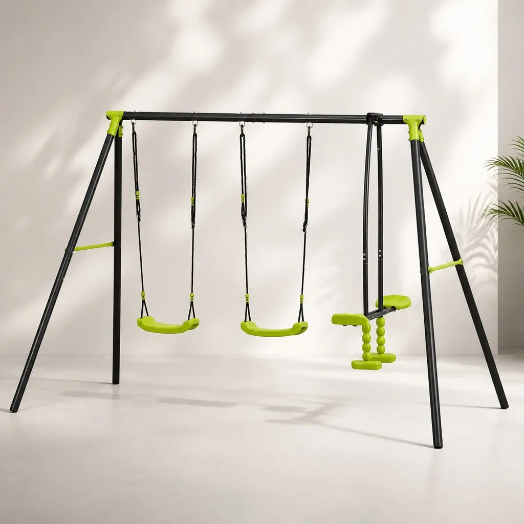 XNS008 Steel Face-to-Face Triple-Seat Metal Playground Swing Set, 440lbs Capacity, Black & Green, Outdoor Play Equipment for Ages 3+