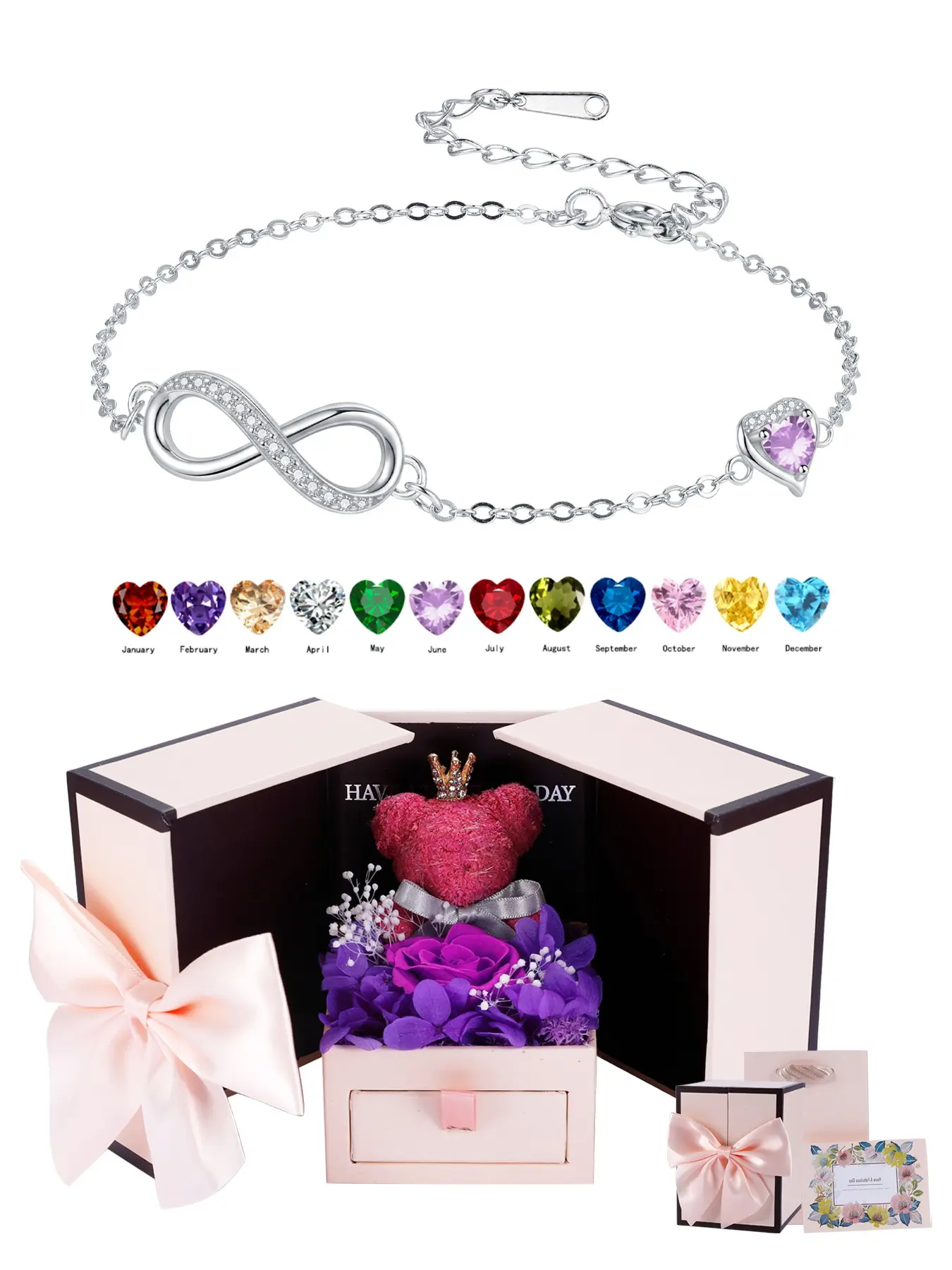 Infinity CZ Birthstone Bracelets With Moss Bear Rose Jewelry Gift Box, Fashion Jewelry with Heart Birthstone Link Bracelets, Anniversary Birthday Jewelry for Wife Girlfriend Her
