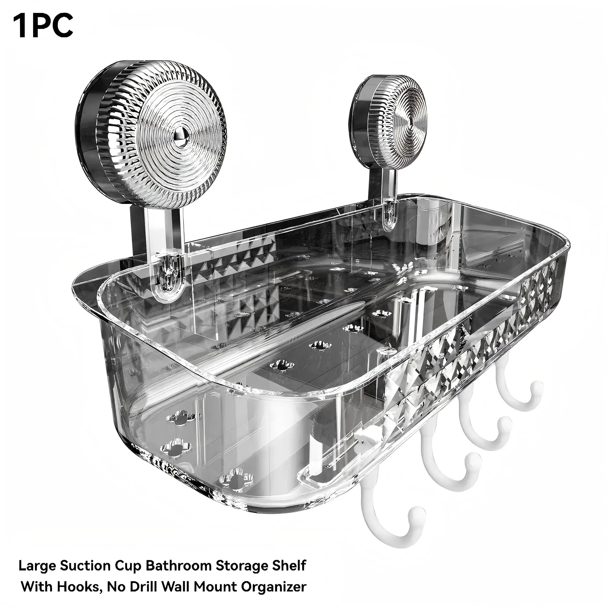 1-Second Install Suction Cup Bathroom Shelf, Heavy Duty No Drill Shower Organizer with Removable Hooks, Clear/ Gray PET Storage Rack for Toiletries & Cosmetics