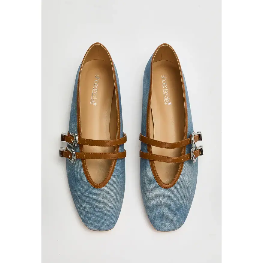 JUSTFAB Women's Mary Jane Flats - Double Buckle Strap Square Toe, Non-Slip Comfort Denim/Suede Retro Casual Slip-On Women's Shoes for Everyday Wear & Office Commute Summer Finds, Buckle Straps, All Seasons, Ballerina Flats