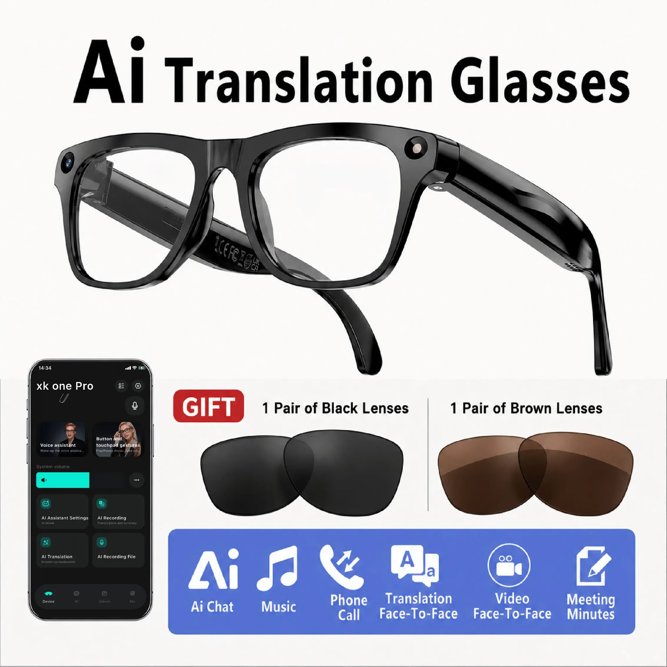 High definition camera wearable AI smart glasses, hands-free video recording technology real-time translation, Wireless Translation Glasses, Blu ray glasses, AI object recognition intelligent audio glasses, suitable for daily work, high-end travel gifts