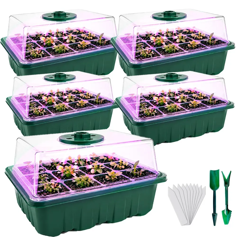 3/4/5 Piece Seedling Tray Set with LED Grow Light, Adjustable Humidity Cover, Ideal for Indoor Greenhouse, Seeds, Vegetables, Flowers, Herbs