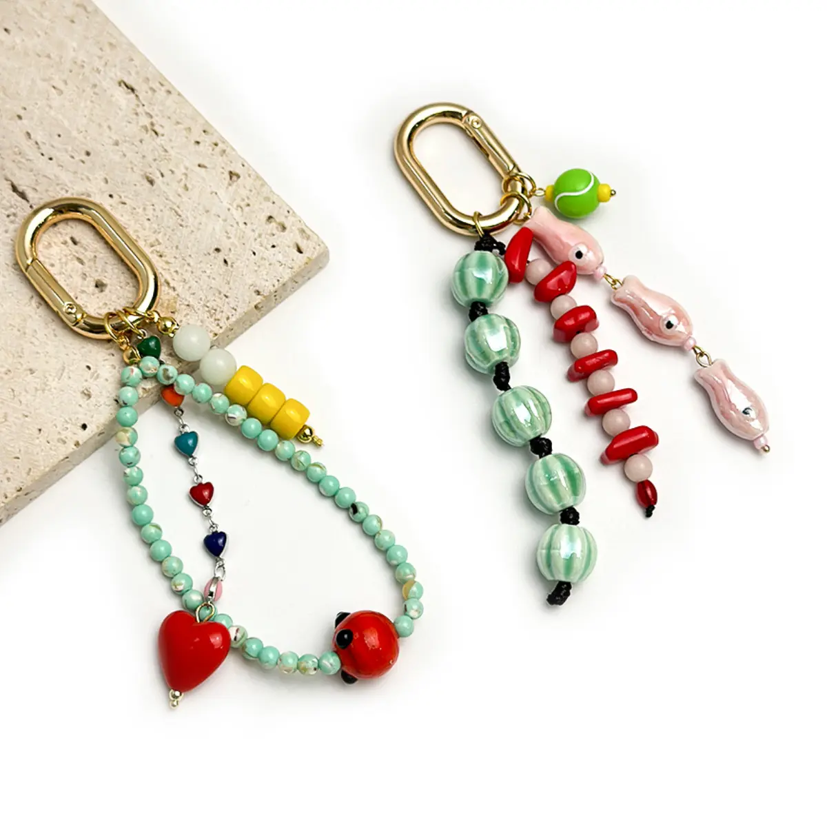 Unisex Handmade Heart Shape Ceramic Fish Bag Charm - Beaded Carabiner Keychain, Handcrafted Animal Pendant for Backpack Purse Decoration, Daily Wear (Sports & Outdoor Camping Hiking Hammock Accessory)