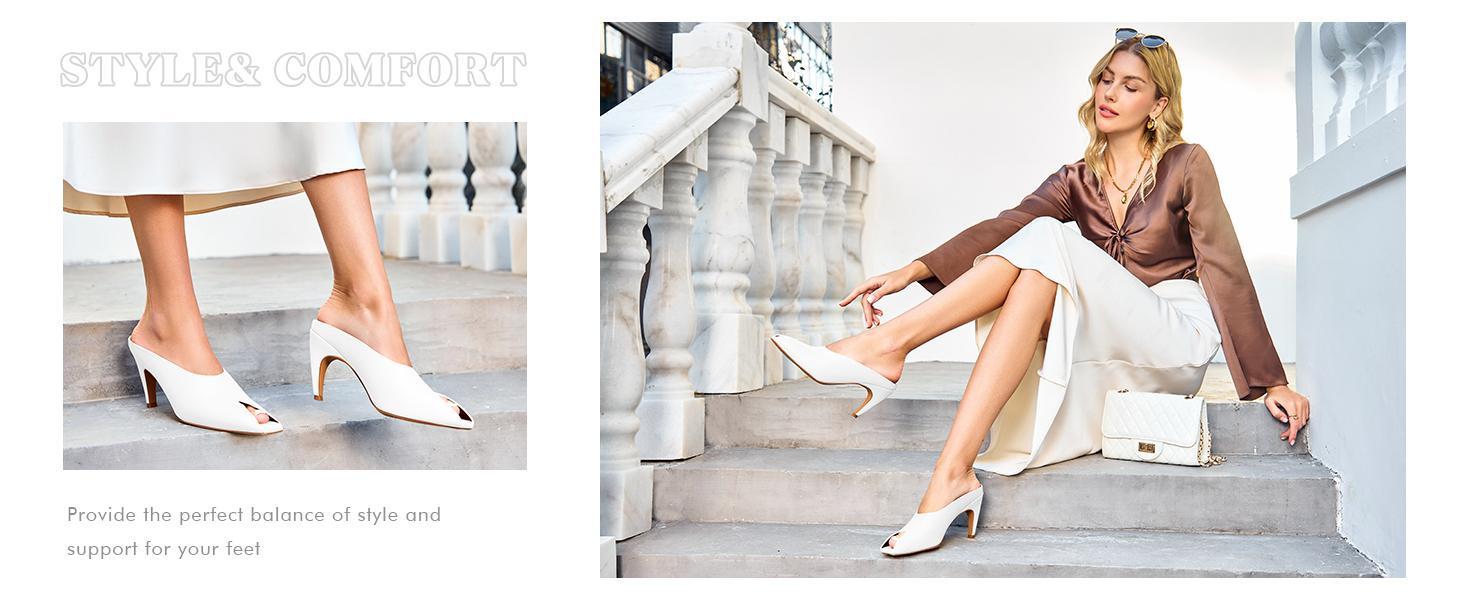 Imily Bela Womens Kitten Heels Mules Open Peep Toe Slide Sandals Slip On Summer Dress Shoes