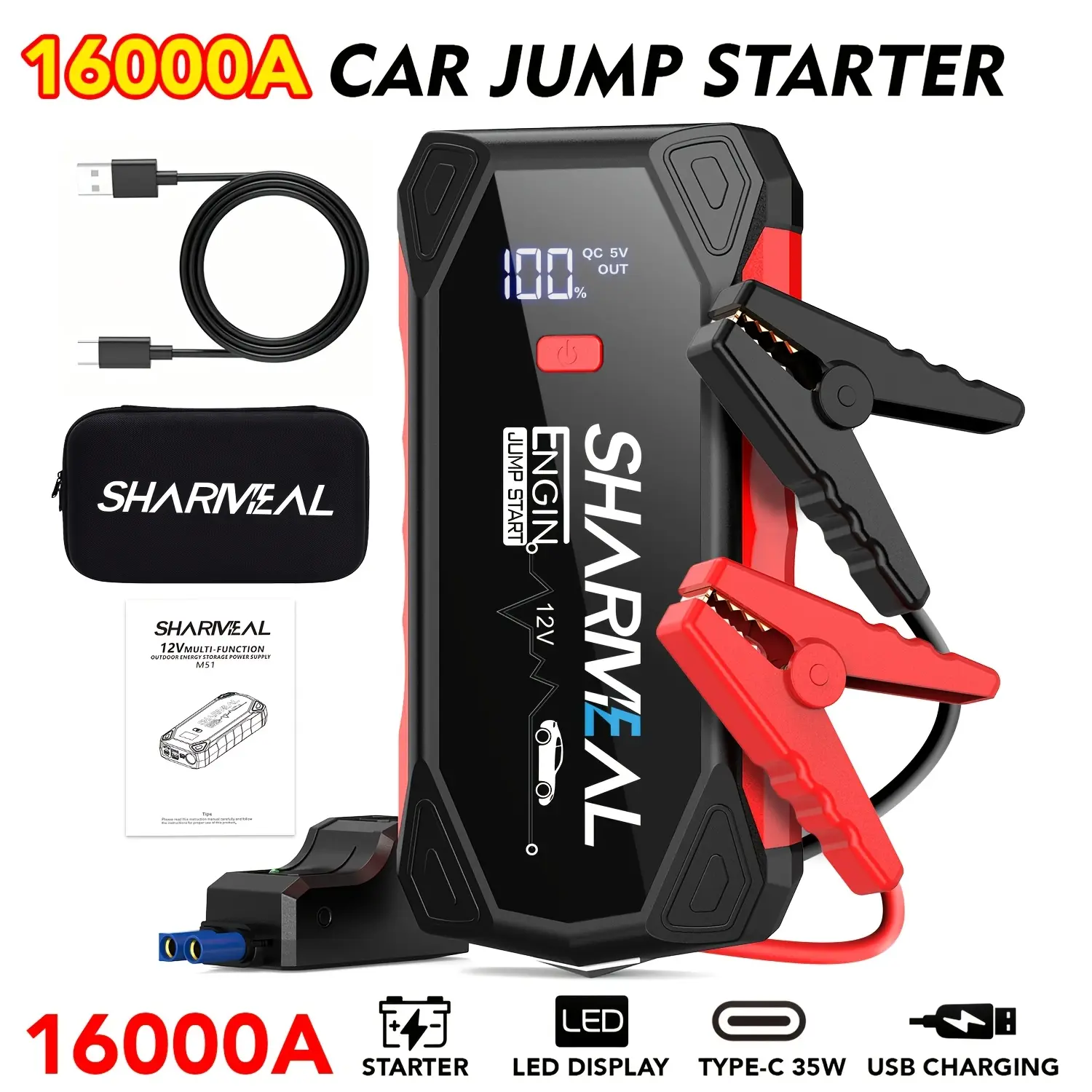 16000A Car Jump Starter 12V Battery Pack Charger Box Portable Power Bank for All Gas Diesel Engines Multi-Function Heavy Duty Jumpstarter Kit with 3 Modes LED Flashlight Jumper Cables for Road Trip Truck SUV Van
