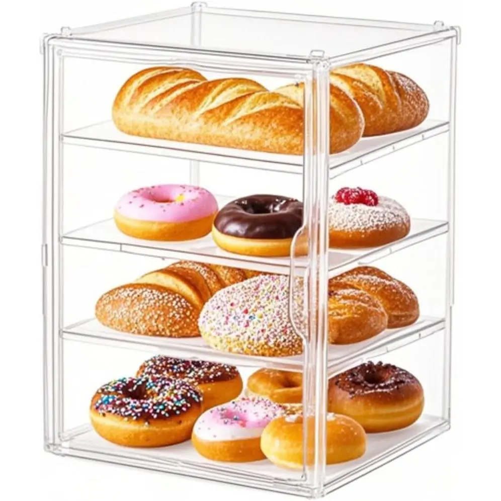- Large Capacity Bread Box Pastry Display Case - Fully Transparent 4-Tier Stackable Storage Box,  for Kitchen Counter,  Display Cabinet for Bakery & Dessert Shop