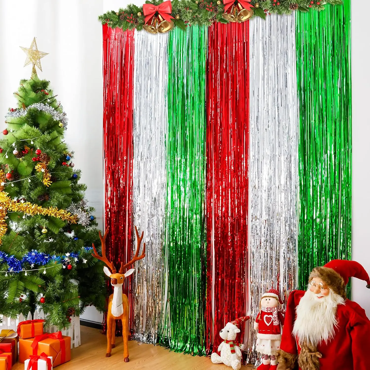 2Pack Christmas Foil Fringe Curtains Party Decoration Tinsel Photo Backdrop | 3.2 x 8.2 ft Red  Green Photobooth Props Background for Xmas  Year Party Door Fringe Decorations