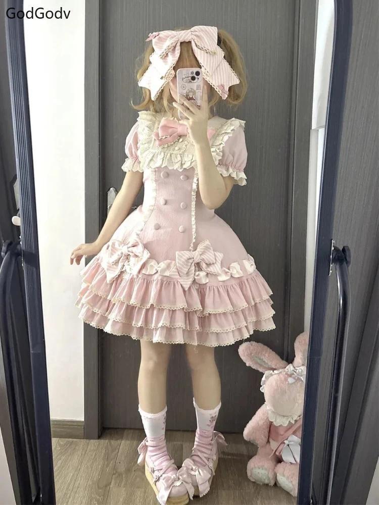 Japanese Sweet Lolita Kawaii Elegant Dress Women Princess  Bow Fake Two Piece Dresses Female Korea Style Design Chic Outfits