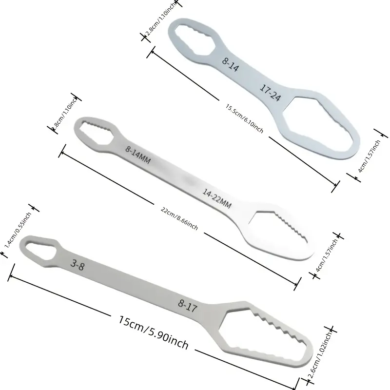 3-Piece Heavy Duty Double End Wrench Set, with Self Tightening Crescent Wrench Box End Wrench French Adjustable Wrench and Screwdriver Bits, High Hardness Steel Short Handle, for Tight Space Repair