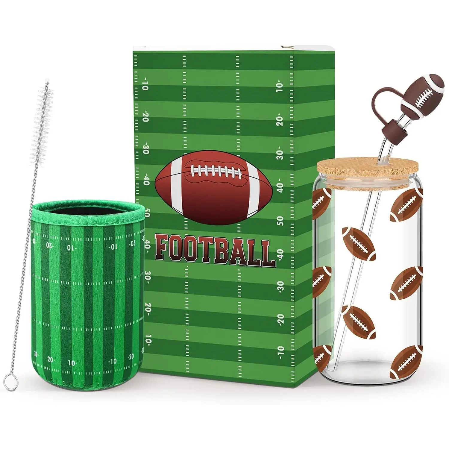 Football Tumbler Glasses Cup  Lover Gifts 16 oz Glass Iced Coffee Bottle with Straw Stopper and Mug Sleeve Football Glasses Cup Gifts Box for Women Man  Lovers