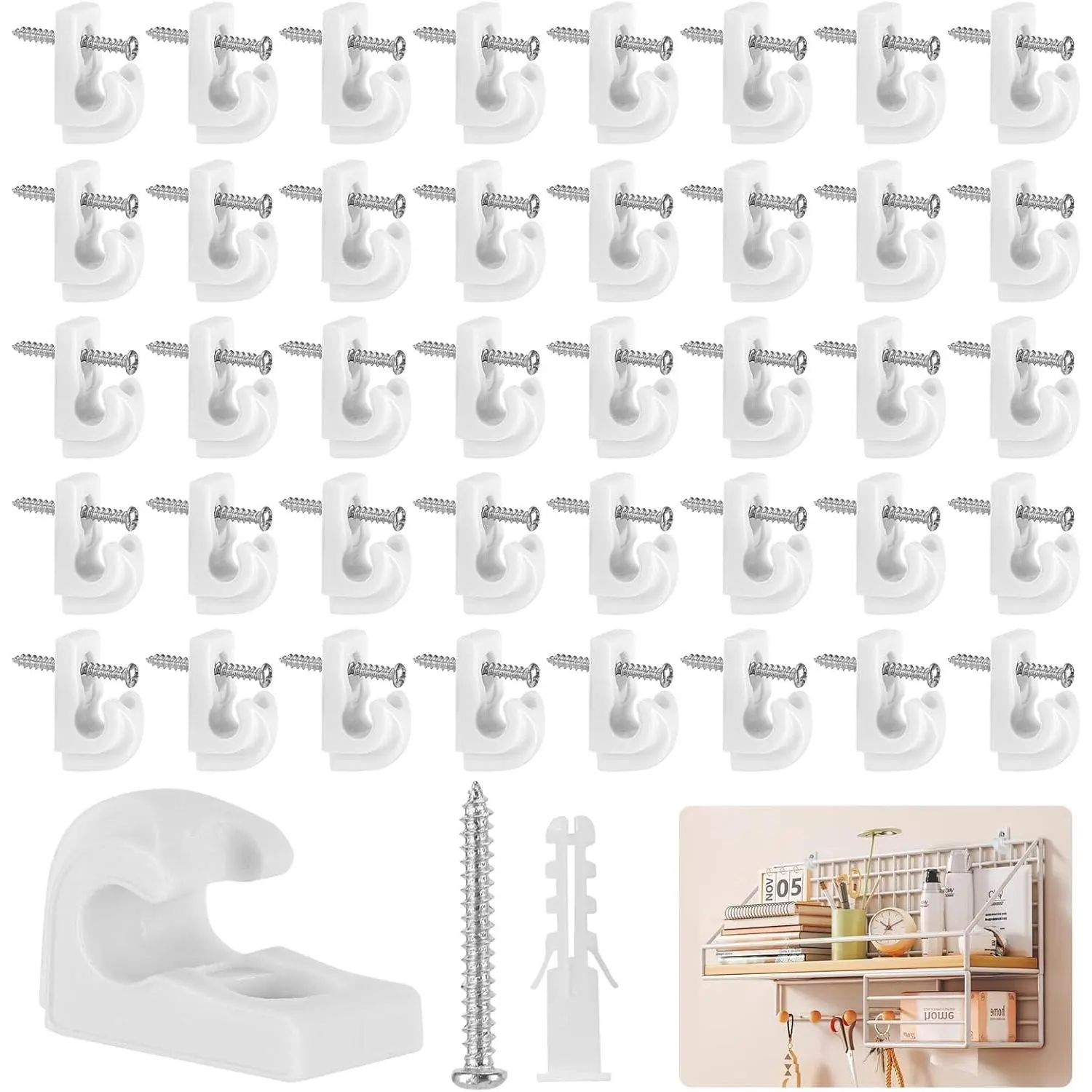 40 Pcs Heavy-Duty White Plastic Closet Shelf Clips Set, Down Wall Clips for Hanging Wire Shelves Keys Paintings Decorations