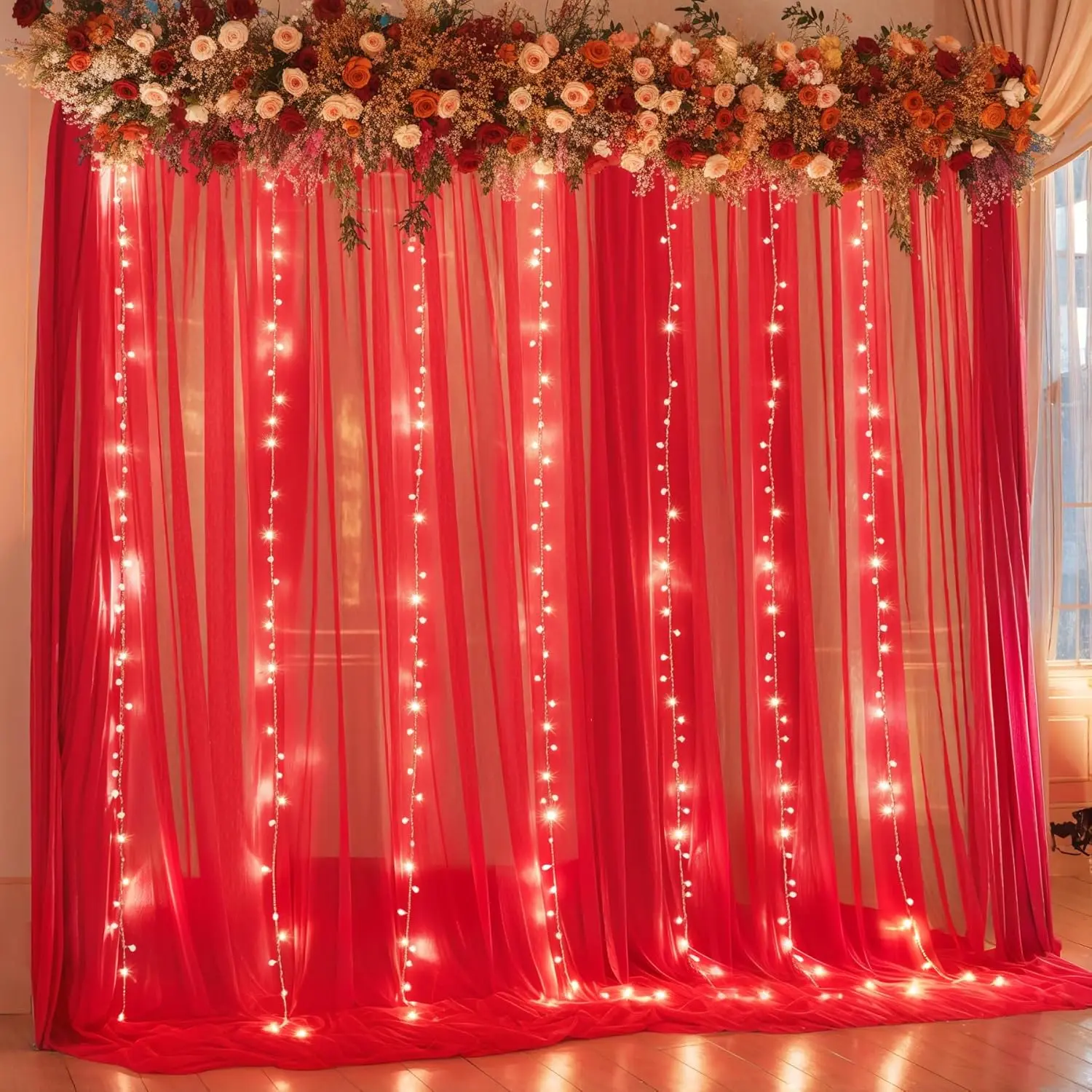 Sheer Red Backdrop Curtain, 10x10ft Soft Tulle Fabric with USB String Lights for a Romantic Wedding Party, Photo Booth, and Valentine's Day Decor, Halloween Decorations, Room Decorations, Elegant, Effects
