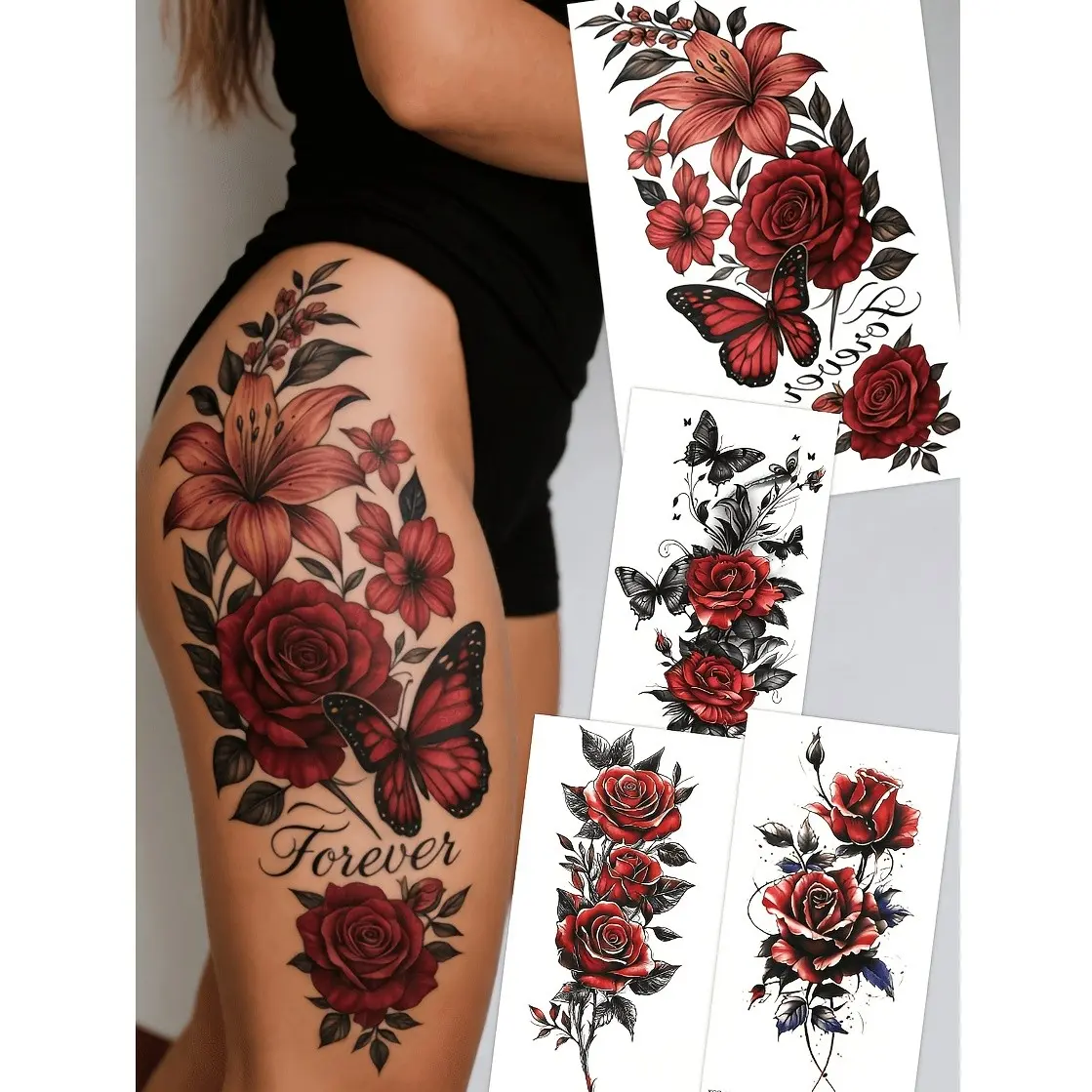 4pcs Colorful Flower Butterfly Temporary Tattoo Stickers, Waterproof Realistic Body Art Tattoos for Arms, Legs, Chest, Women