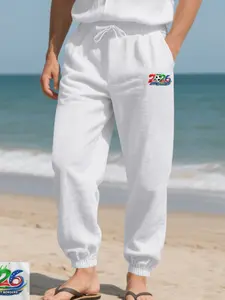 Men's Loose Hemp Casual Pants, Fitted Fall Beachwear, Plain Surface, Lightweight <88.2g/m², Trendy Sportswear for All Seasons