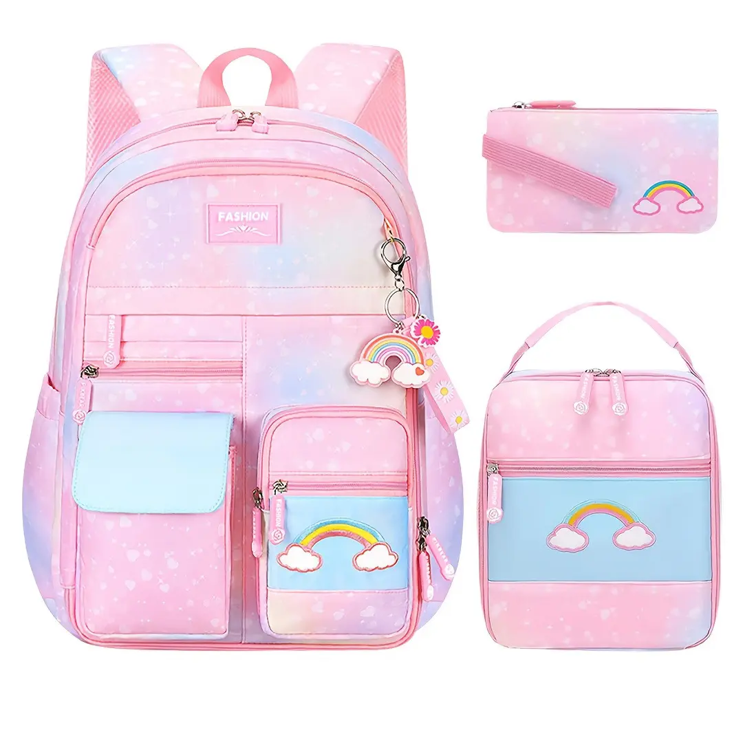 3 Piece Cute Girls School Backpack Set, Cartoon Rainbow Theme Shoulder Bag, Spine-Protecting Pressure-Relieving Student Book bag Combo, Pressure-Relieving Casual Student Shoulder Backpack