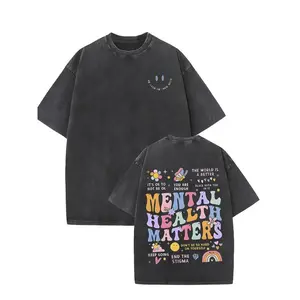 Retro Washed Black Oversized T-Shirt, Double-Sided Mental Health Matters Graphic Print Tee, Casual Crew Neck Short Sleeve Top, Streetwear Unisex Loose Fit T-Shirt for Men & Women, Positive Aesthetic