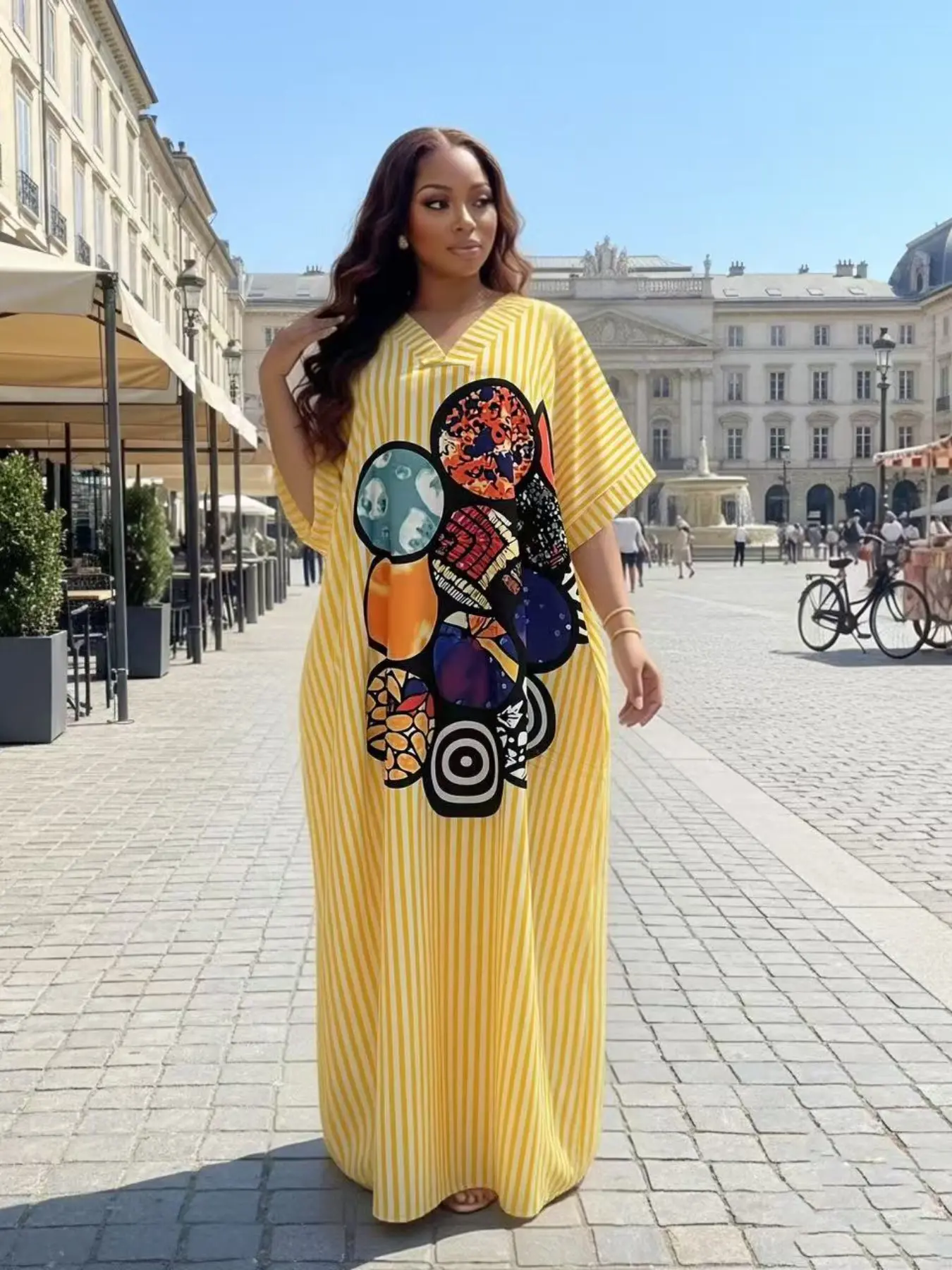 New Fashion Chic Loose Fit Casual Daily Everyday Shopping Dress, Blue Striped and Geometric Print V-Neck Short Sleeve Dress, Women's Summer Dress with Pockets, Boho Casual Dress, Fashion Printed Pattern