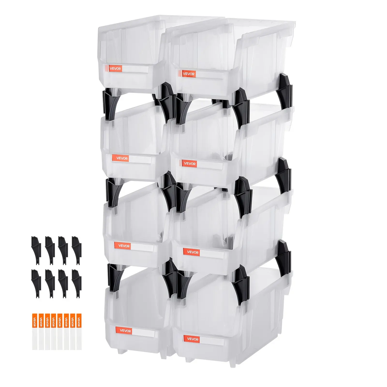 VEVOR 8 Pcs Rectangle Plastic Stackable Storage Boxes, 10.9x5.5x5.1 in Functional Containers for Closet, Garage, Office Supplies, Transparent, Organiser