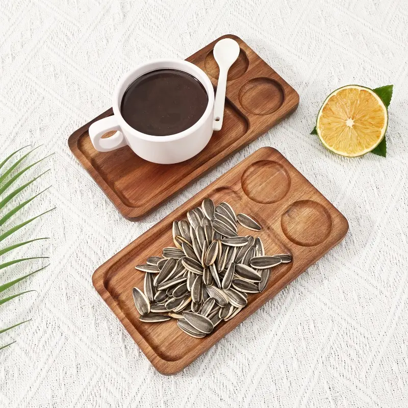 1/2pcs Wooden Divided Serving Tray With Two Round Grooves For Breakfast Fruit Sauce Coffee Snack Display