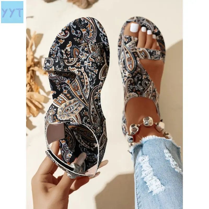 YYT1  Women Boho Paisley Print Platform Sandals, Open Toe Cutout Ankle Strap Wedge Heel, Vintage Ethnic Floral Heel Shoes, Boho Style Sandals