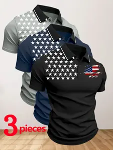 Men's Quick-Dry Polo Shirts Set, Usa Independence Day Print, Breathable Sporty Fit, High-Quality Stretch Fabric, All-Season Wear