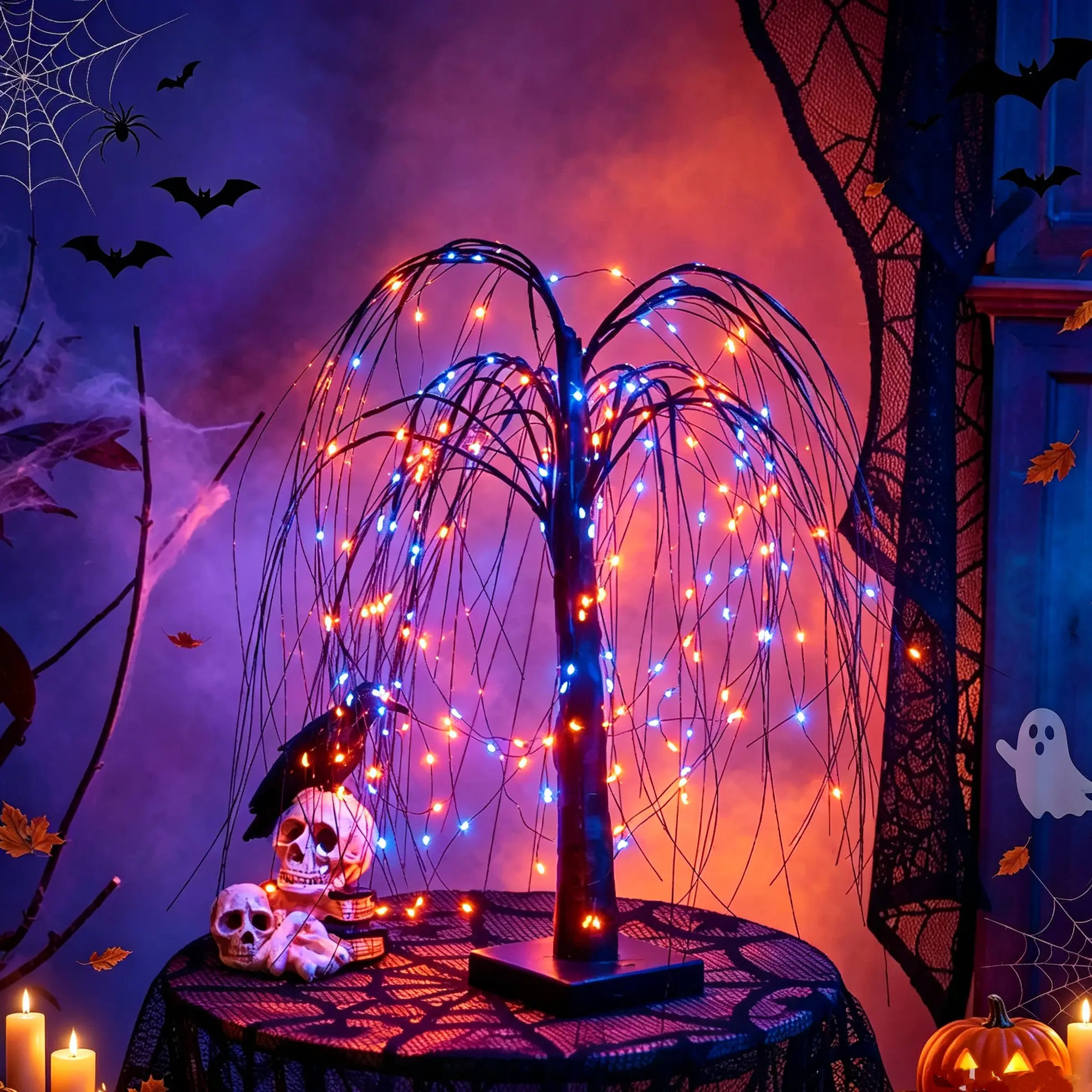 Halloween Irregular Willow Tree LED Lights - Orange-Purple Colorful Lights, USB/Battery Powered, Gothic Look Spooky Tabletop Props, Party Decoration Supplies, Halloween Decorations