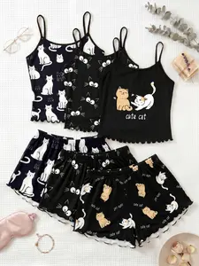 3-Piece Set, Cat Print Sleeveless Pajamas, Sweet Cool Girl Style, Breathable Home Sleepwear, Slim-Fitting, All Seasons, Loungewear