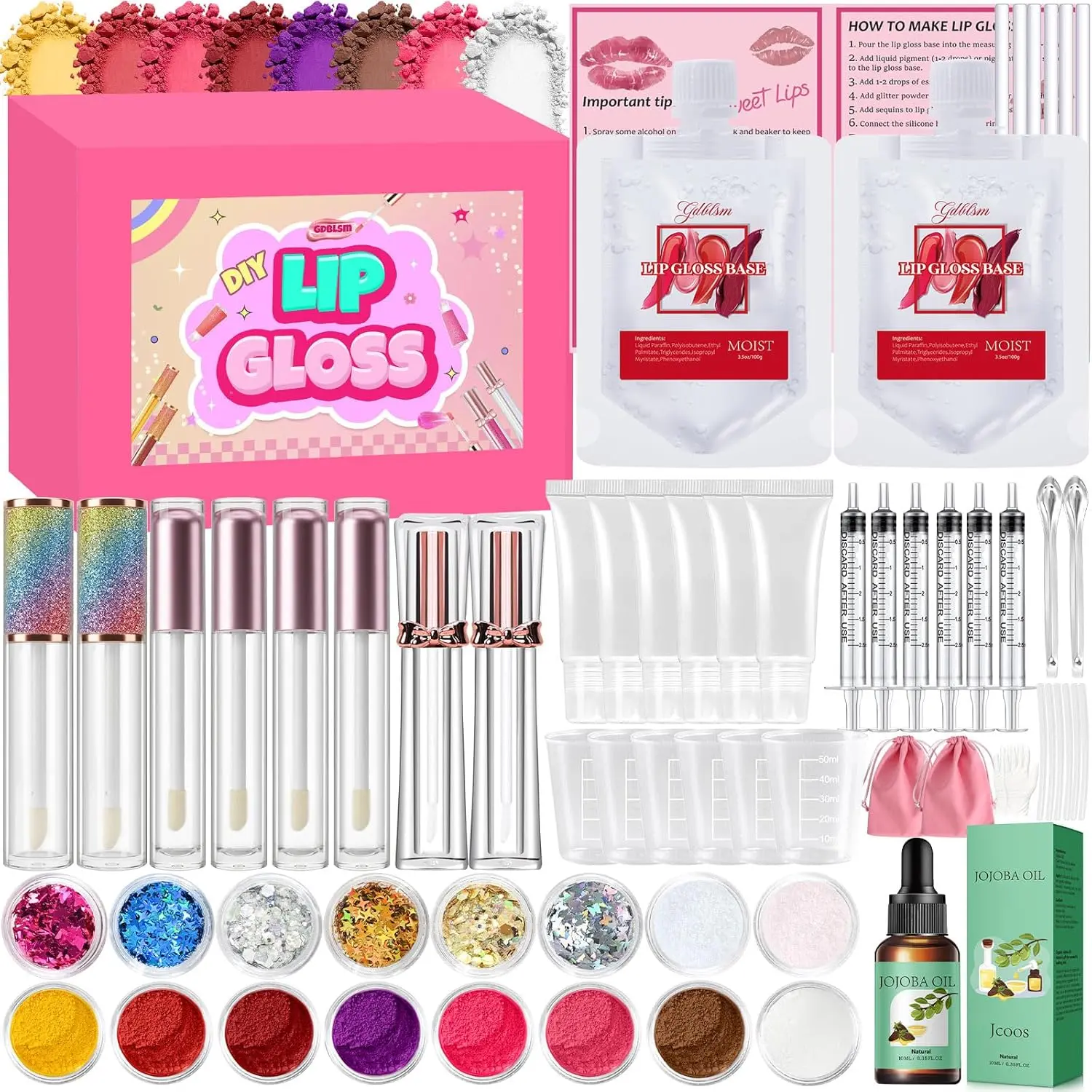 Lip Gloss Making Kit- DIY Lip Gloss Set for Women, Make Your Own Makeup Set with Moisturizing Clear Base, Pigments, Glitter, Jojoba Oil, Fun Lipstick Making Kit Gifts for Women Makeup Lover