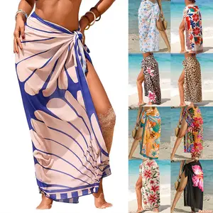 2026 New High Slit Sheer Beach Cover Up Sarong For Women All Size Floral Print Chiffon Swimwear Wrap Summer Vacation Pool Party Lightweight Sheer Light Luxury Cute Cool US Design