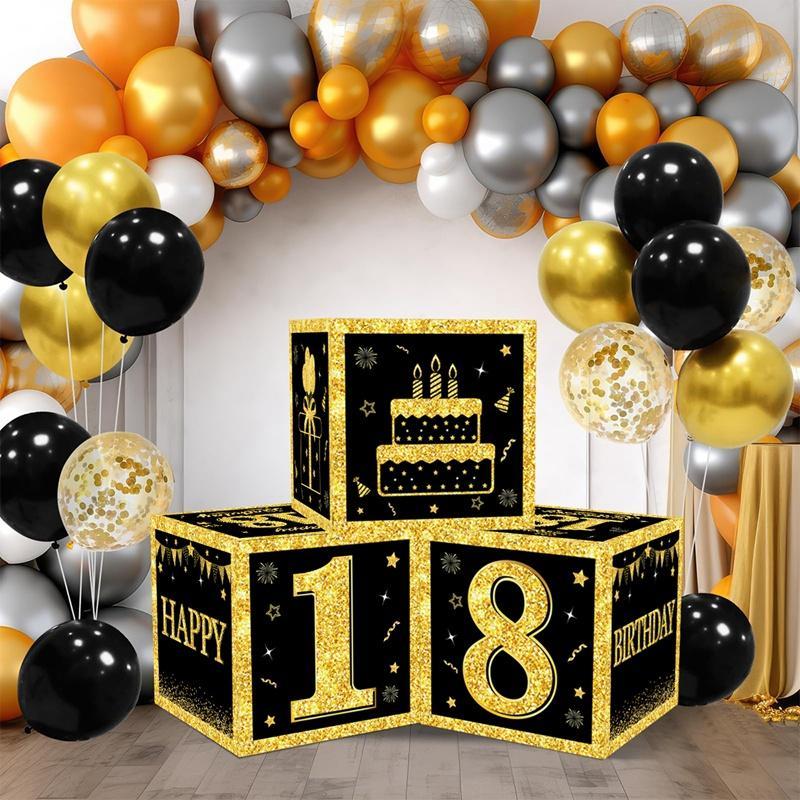 Happy Birthday Box Black Gold 18th 30th 40th 50th 60th Happy Birthday Decorations for Home Adults Party Decor Gift Supplies