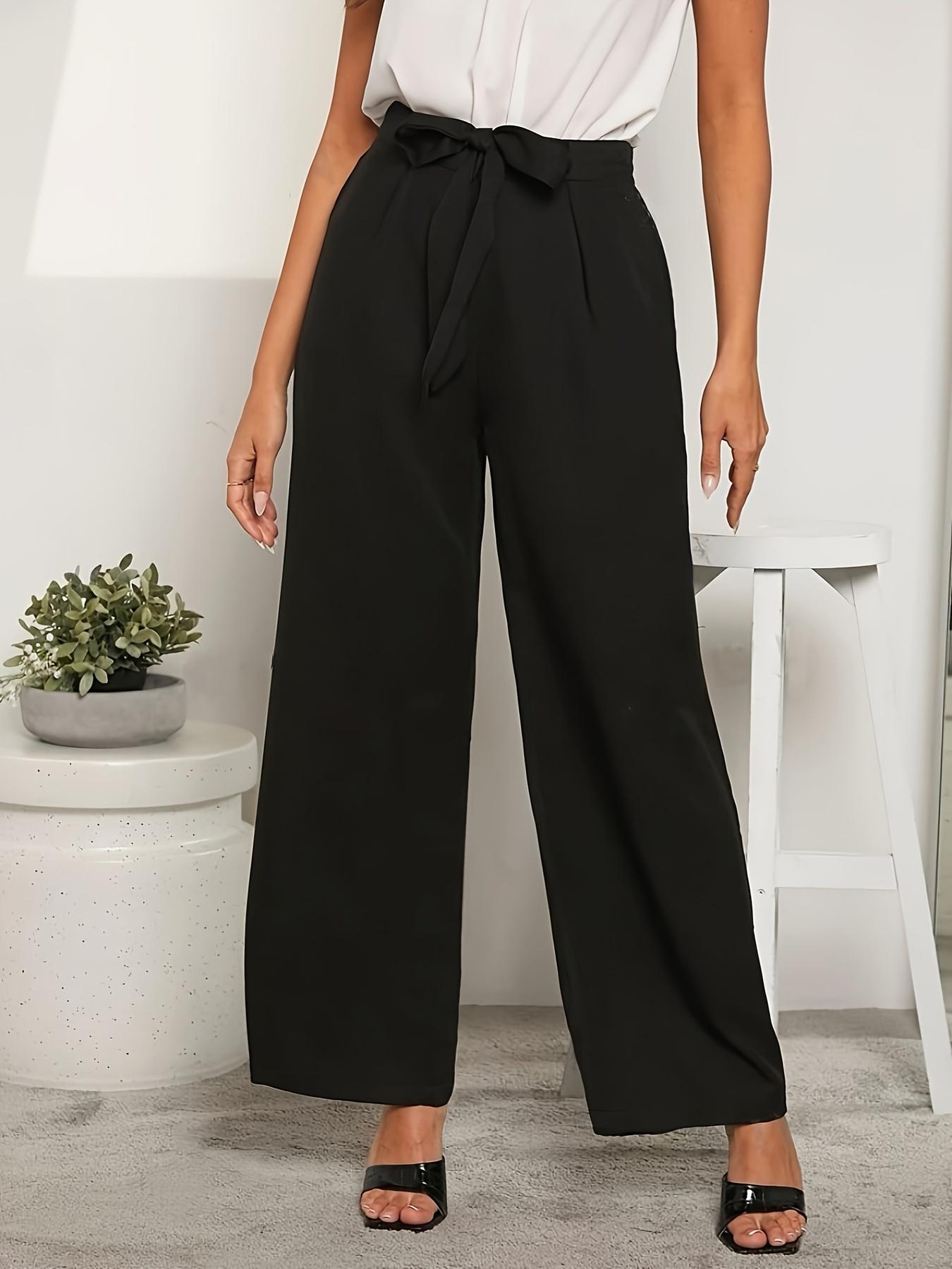 Women's Solid High Waist Belted Wide Leg Pants, Elegant Comfy Trousers for Spring & Fall, Ladies Bottoms for Daily Wear