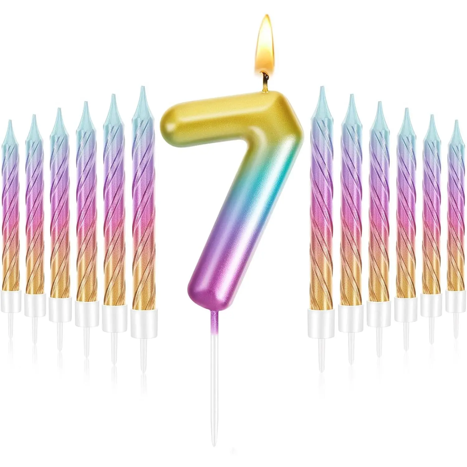 7 Birthday Candle for Cake with 12 count Spiral Numeral Rainbow Gradient Candles 7th Birthday Cake Topper for Girls Boys,   Sea Frozen Princess Snow Rainbow Unicorn Party Supplies