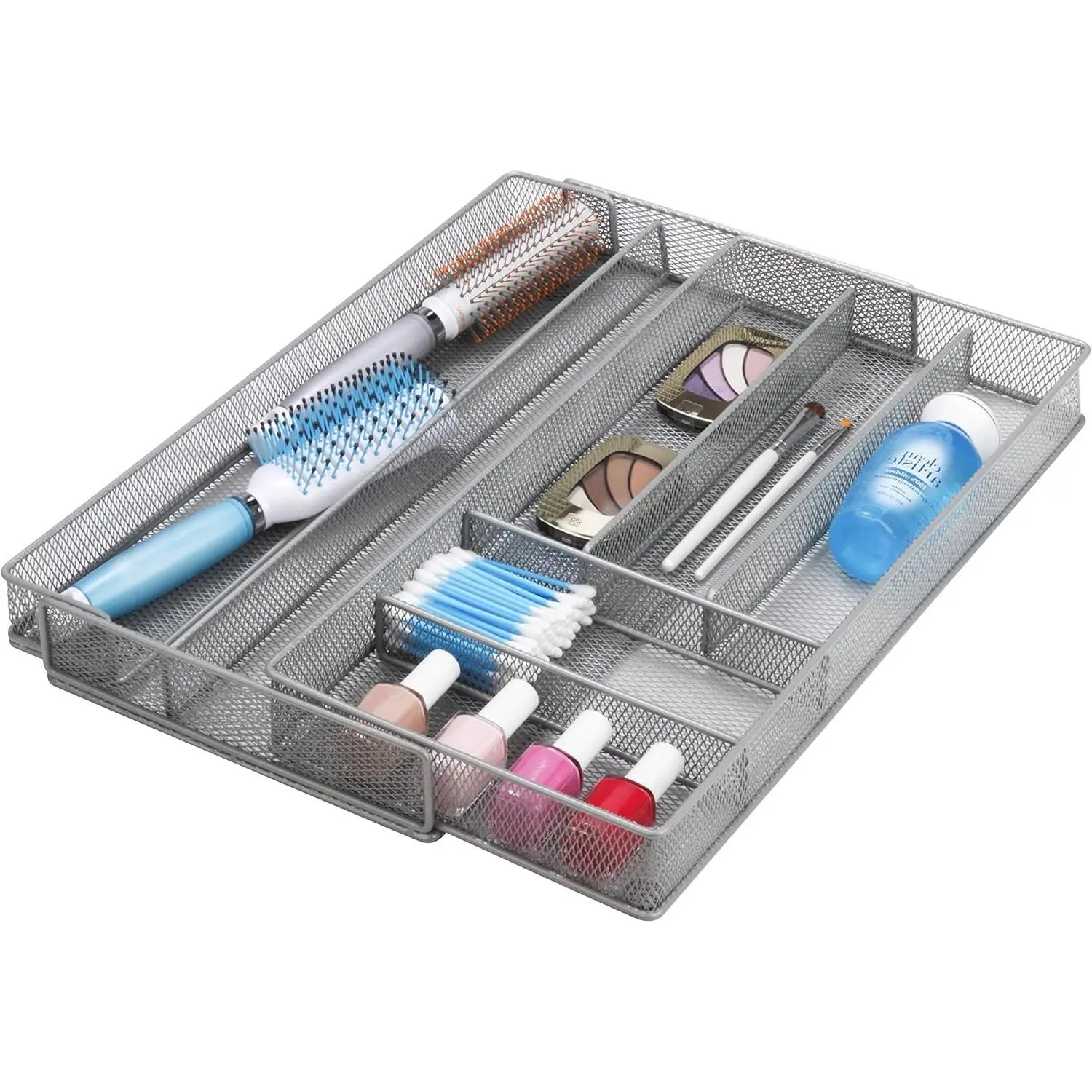 Expandable Steel Mesh Drawer Organizer, 7 Compartments, Silver, Adjustable 11.5 to 20 Inches Wide