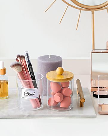 4 Pack Qtip Holder Dispenser with Bamboo Lids - 10 oz Clear Plastic Apothecary Jar Containers for Vanity Makeup Organizer Storage - Bathroom Accessories Set for Cotton Swab, Ball, Pads, Floss