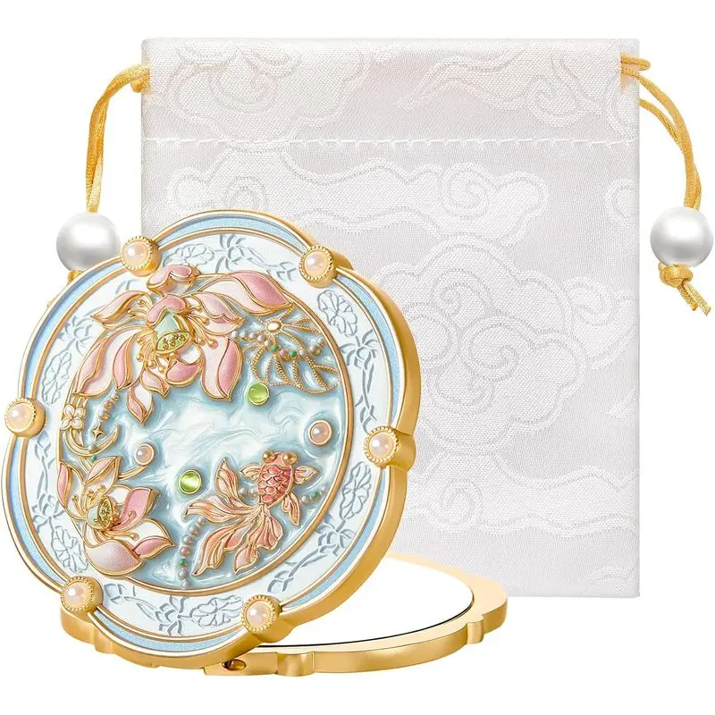 Lotus Bloom Compact Mirror, Chinese Style Makeup Mirror |   2X Magnifying, Small Mirror for Purse Pocket, Mini Portable Folding Design, Blue Gift for Women Girls